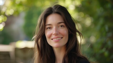 woman with long brown hair smiling at the camera generative ai