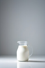 glass jug with milk on a minimalistic background