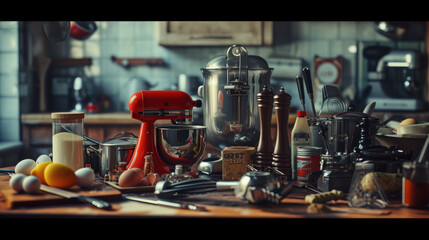 An assortment of retro kitchen gadgets, such as a hand-crank egg beater and a vintage can opener