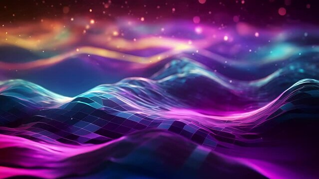 Abstract digital geometric waves undulating in cyberspace in red, blue and purple colors