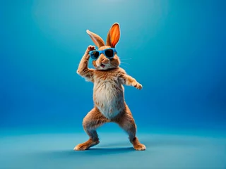 Fotobehang funny rabbit dancing with sunglasses with blue background generative AI © skandar