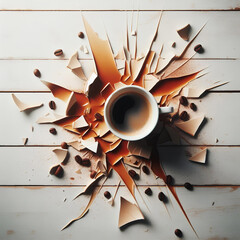 one single shattered coffee cup on white empty wooden table top view