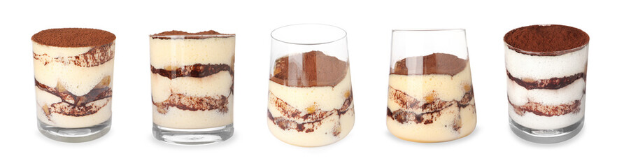 Yummy tiramisu dessert in glasses isolated on white