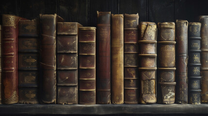 A row of weathered leather-bound journals with cracked spines, revealing years of use