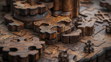 A set of classic wooden puzzles with interlocking pieces, showcasing intricate designs