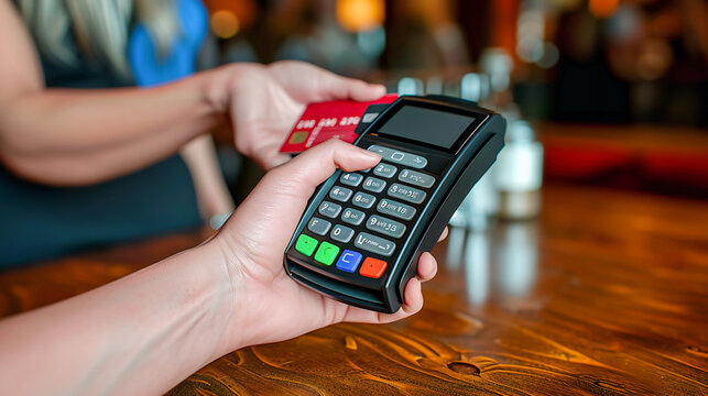 Hand holding credit card at payment terminal, modern transaction technology, digital finance and shopping concept