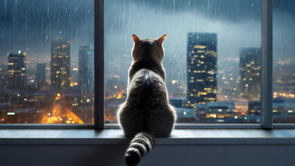 The cat sits on the window sill and looks out at the skyscrapers on a rainy night.