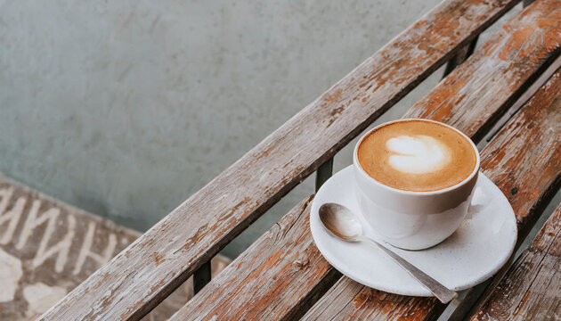 Cup of tasty italian coffee on rustic wooden cafe table outdoors