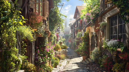Anime style background game background Outdoor dinning room with forest backdrops anime scene,,
A street scene with a building and flowers
