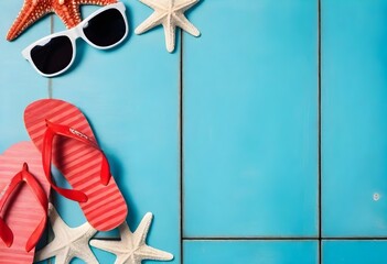 Red and white striped flip-flops, two pairs of sunglasses, and starfish on a turquoise wooden...