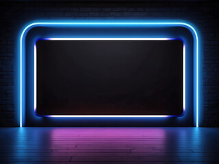 For example, a futuristic chamber with blue neon lights and a blank black screen. format for a banner. ideal for marketing design.