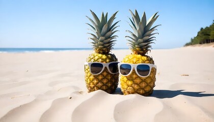 pineapples with sunglasses on a sandy beach with a clear sky in the background