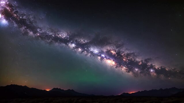 a long exposure shot capturing the Milky Way in the desert, highlighting the stunning celestial display against the desert landscape, A time-lapse video of the Milky Way galaxy, AI Generated