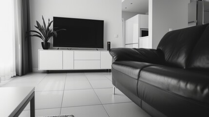 Sleek Monochromatic Living Room with Black Leather Couch and White TV Stand