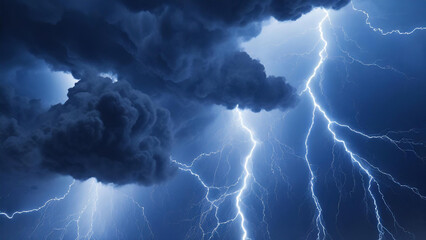 A powerful thunderstorm rages with multiple lightning strikes illuminating the dark blue clouds.