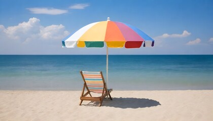 A colorful beach umbrella with stripes in white shades over a wooden beach chair on a sandy shore with a clear blue sky and calm sea in the background.