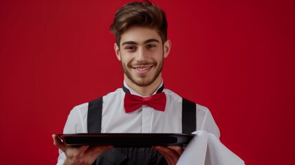 Young smiling waiter in uniform holding a tray and towel on a red wall. generative ai