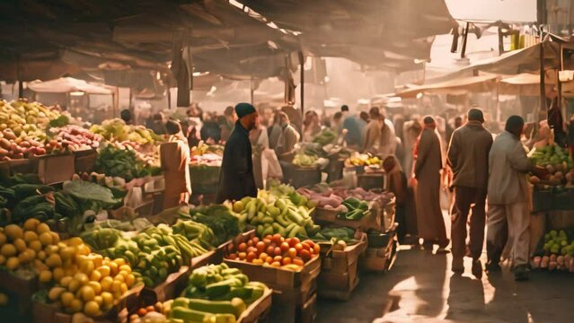 a group of people walking around a bustling market, exploring the various stalls and interacting with vendors, A digitally rendered bustling morning vegetable market, AI Generated
