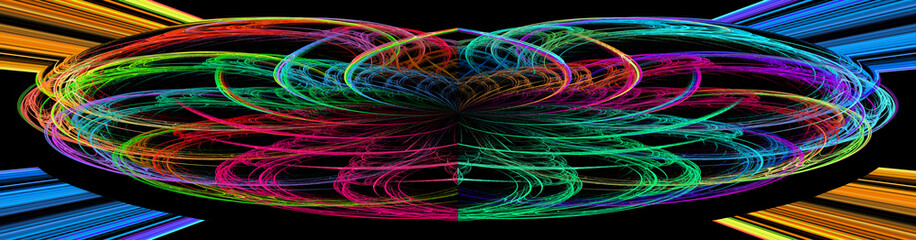 Bright colorful abstract flower in the shape of an ellipse on a black background. Rainbow lines create the petals and rays extending from the flower. 3D rendering. 3D illustration.