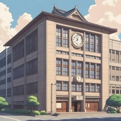 high school facade building with time clock in japan traditional classic style visible in cartoon anime manga