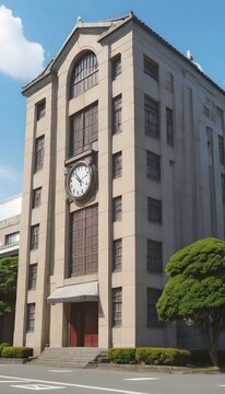high school facade building with time clock in japan traditional classic style visible in cartoon anime manga