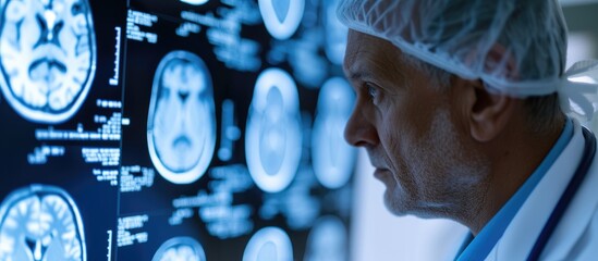 A doctor in the hospital uses an MRI scan to diagnose an injury in the brain, potentially indicating a stroke or cerebrovascular accident. - obrazy, fototapety, plakaty