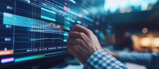 A project manager is using a virtual screen to update and plan tasks and milestones with a Gantt chart interface for a company's business project management system.