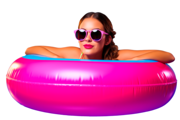 Isolatted orgeous young woman wearing sunglasses and swimsuit on a vibrant pink round inflatable, vibrant colors, studio shot, minimalistic. Generative AI