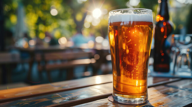 A pint of amber beer stands on a wooden table outdoors, with the evening sun casting a warm, inviting glow.