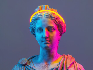 Ancient Greek sculpture of a woman with neon wire light