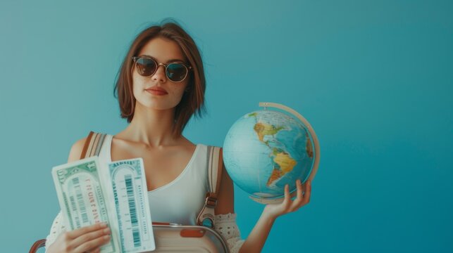 young woman with tickets, travel suitcase and world globe generative ai