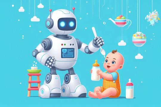 A robot feeds a small child baby food from a spoon. The robot monitors the nutrition and development of children.