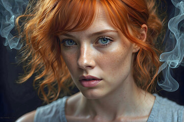 Fototapeta premium Ginger Haired Blue Eyed Stunning Woman in a Grey Tank Top with a Smoky Background Generative AI
