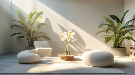 Zen home interior with green plants, concept of design and nature, peaceful and stylish living space