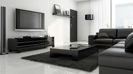 Contemporary Minimalist Living Room with Black Leather Couch AI Generated.