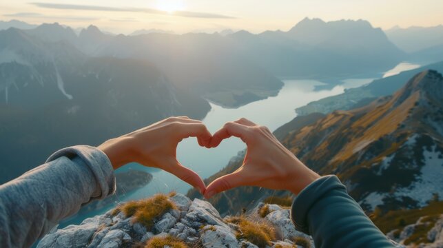 Hands forming a heart on a serene mountain peak generative ai