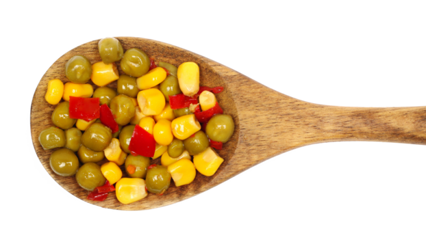 Mixture of cooked vegetables in wooden spoon, carrots, corn, peas, peppers isolated on white, top view