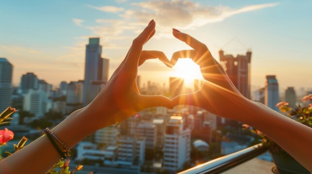 Hands forming a heart on a sunlit rooftop terrace generative ai