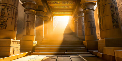 Egyptian Temple. Passage with stairs and walls with Egyptian hieroglyphics, illuminated by warm bright sun rays - obrazy, fototapety, plakaty
