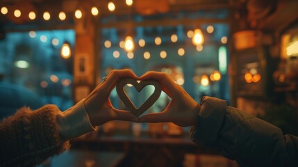 Heart-shaped hands against the backdrop of a cozy cafe, generative ai - obrazy, fototapety, plakaty