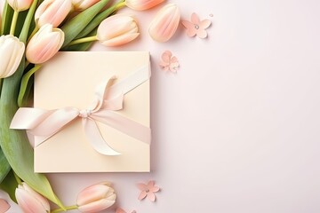 Spring floral frame with tulips and gift boxes for women's day celebration