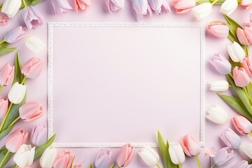 Fototapeta na wymiar Women's day gift concept with pastel frame, small tulips, and flowers