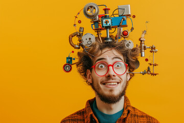 Crazy inventor full of strange inventions, copy space of a nerd with creative devices coming out of his head on a yellow background
