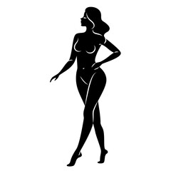 Silhouette of a nice lady, she is standing. The girl has a beautiful naked figure. The woman is a young sexy and slender model. Vector illustration