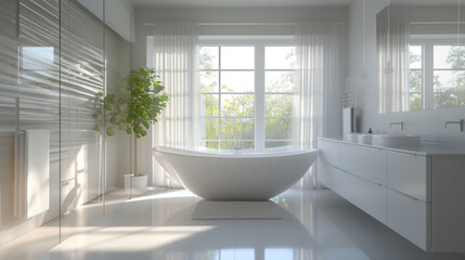 Fototapeta na wymiar A bright and modern bathroom with a freestanding bathtub, glass shower enclosure, and double sinks