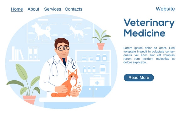 Young male veterinarian holding cute cat with injured paw on pet hospital background. Veterinary medicine landing page. Flat line website design template. Vet clinic internet page vector illustration.