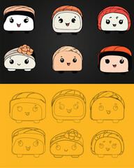 Obraz premium Vector family of sushi characters with happy emotions smile face happy and eyes. set of cartoon faces, faces, set of funny faces.
