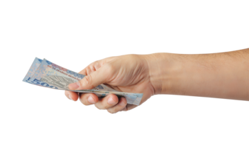Hand-holding Saudi banknotes isolated on a white background.