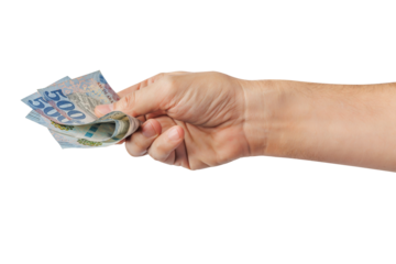 Hand-holding Saudi banknotes isolated on a white background.