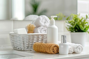 Fototapeta na wymiar A set of body care cosmetics in a bright bathroom. Skin care concept banner with copy space